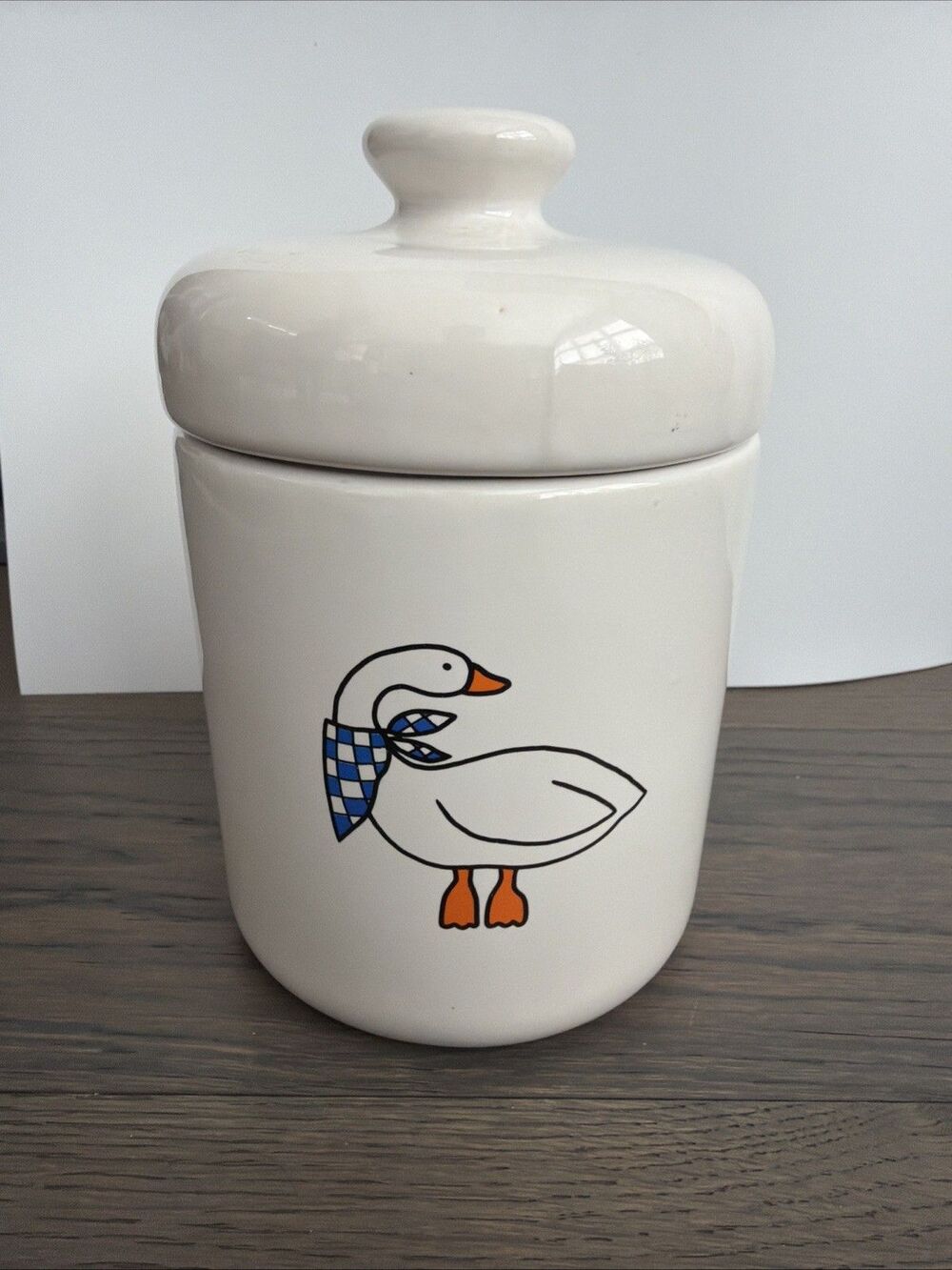 Goose Kitchen Canister Crock Wearing Kerchief Stoneware White Blue